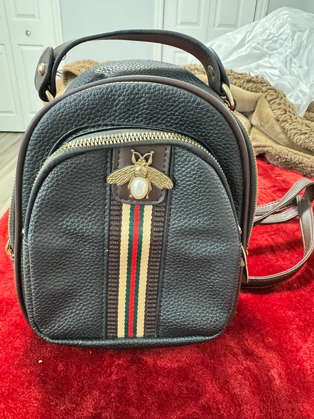 Black Mini Backpack with Bee Embellishment