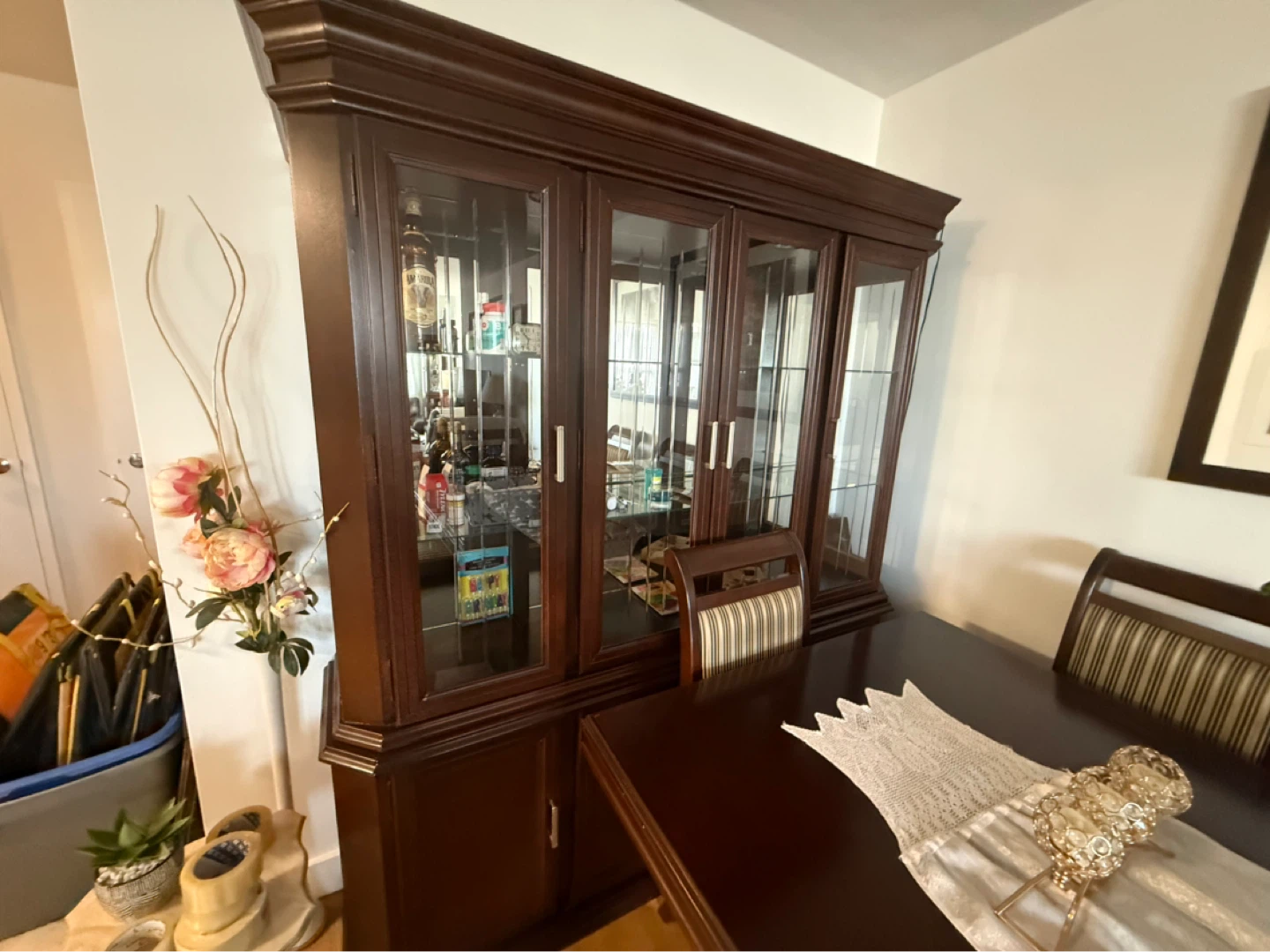 Large Dark Wood China Cabinet with Glass Doors - photo 2