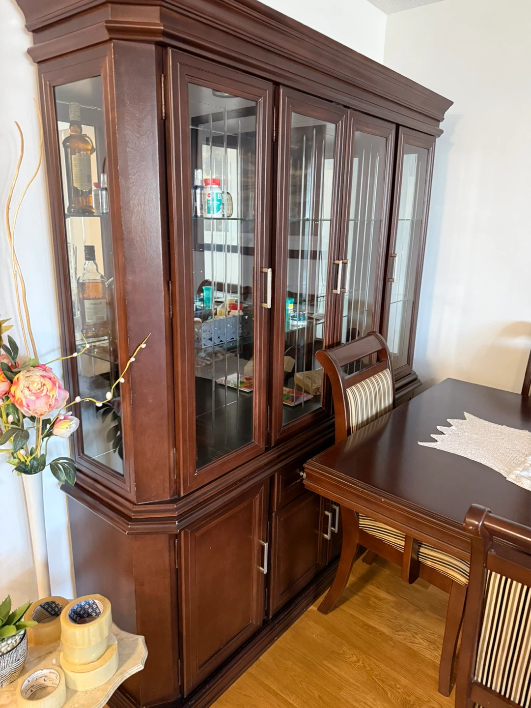 Large Dark Wood China Cabinet with Glass Doors