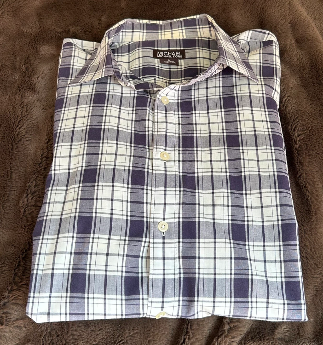Michael Kors Men's Plaid Purple Dress Shirt- Large