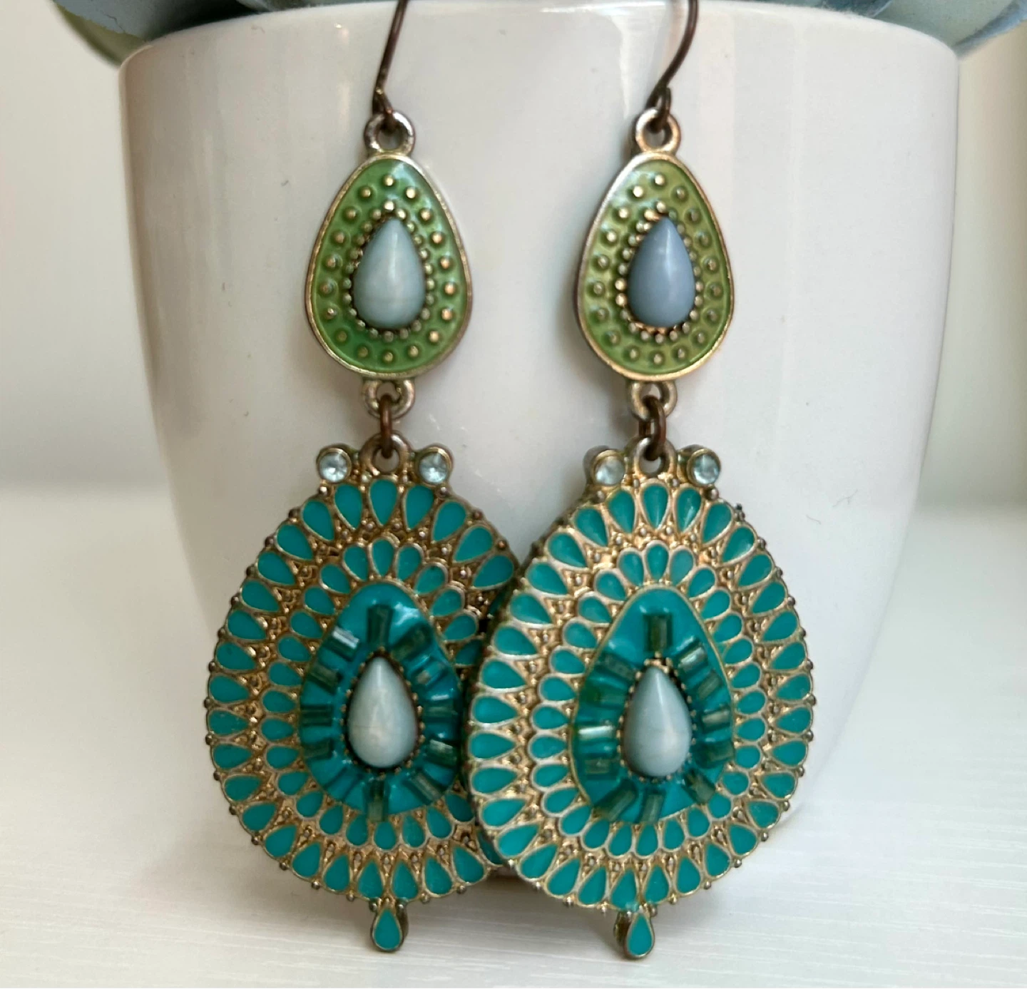 Boho Teal and Green Teardrop Earrings