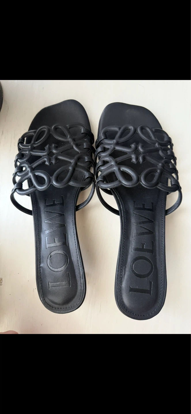 Loewe Petal Anagram Slide Sandals Black Calfskin Size 38