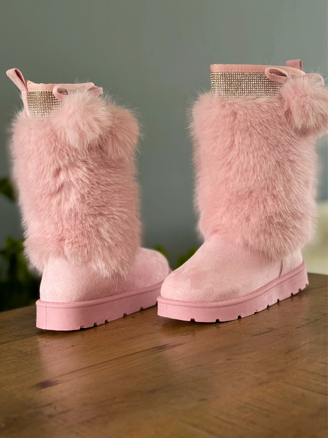 Pink Faux Fur Winter Boots with Rhinestones