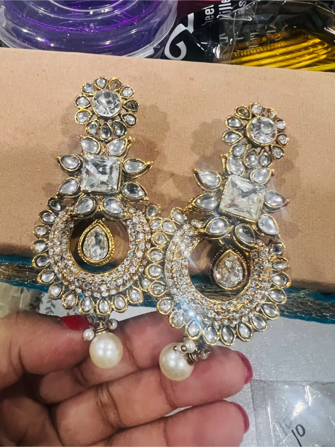 Gold Tone Crystal & Pearl Drop Earrings