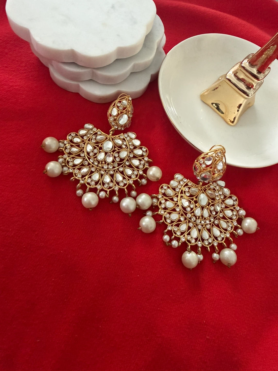 Gold-tone Statement Earrings with Pearls and Stones - photo 3