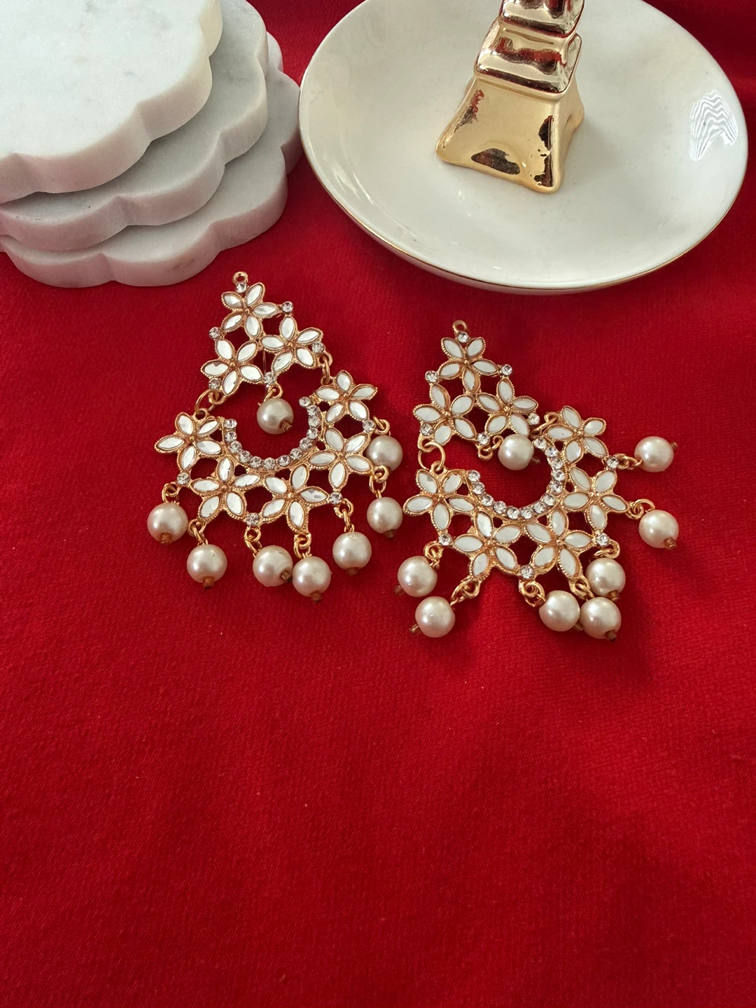 Gold-tone Statement Earrings with Pearls and Stones - photo 2