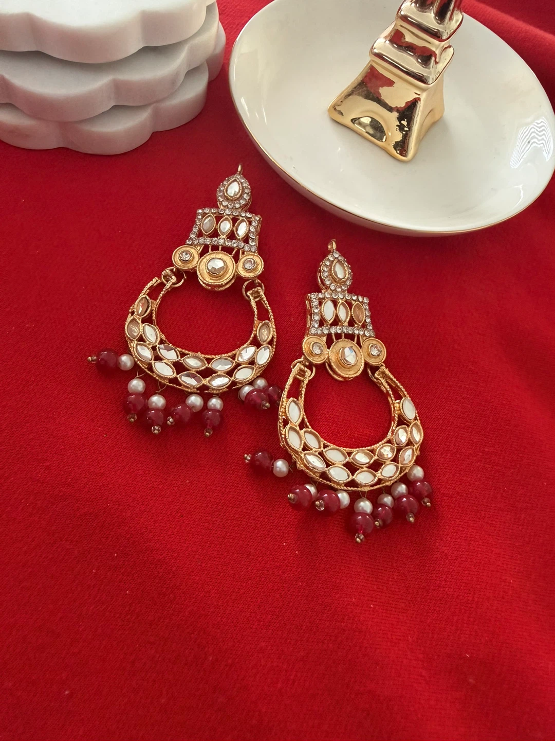 Gold-tone Statement Earrings with Pearls and Stones