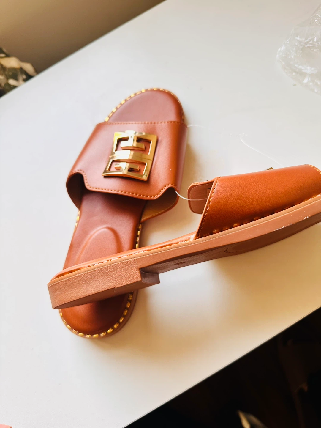 Women's Brown Slide Sandals with Gold Buckle - Size 8.5 (39) - photo 2