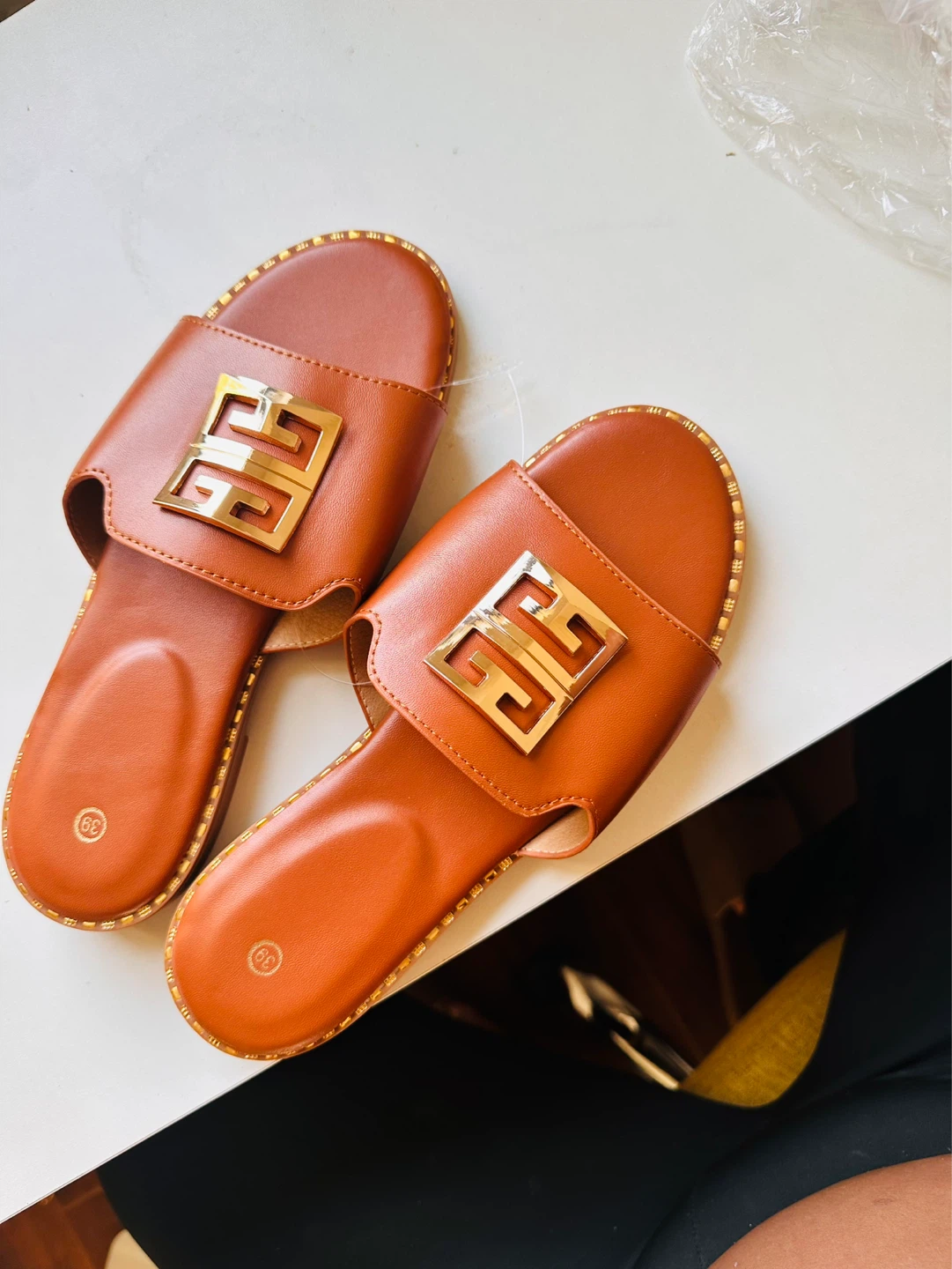 Women's Brown Slide Sandals with Gold Buckle - Size 8.5 (39) - photo 3