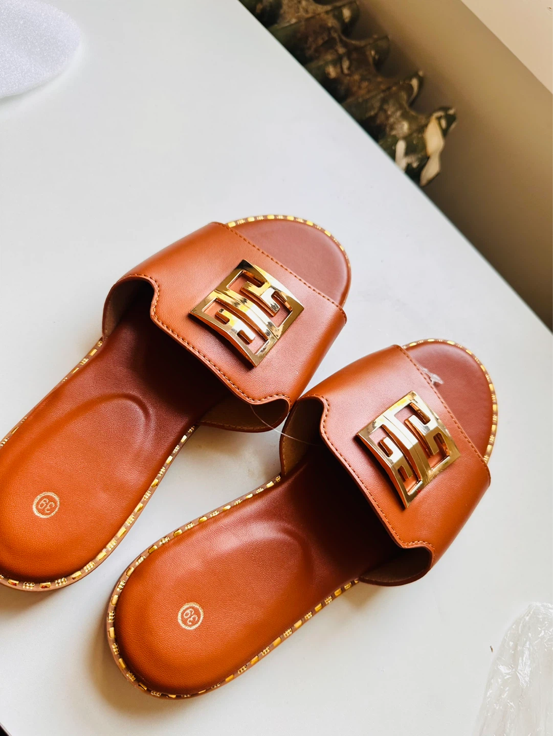 Women's Brown Slide Sandals with Gold Buckle - Size 8.5 (39)