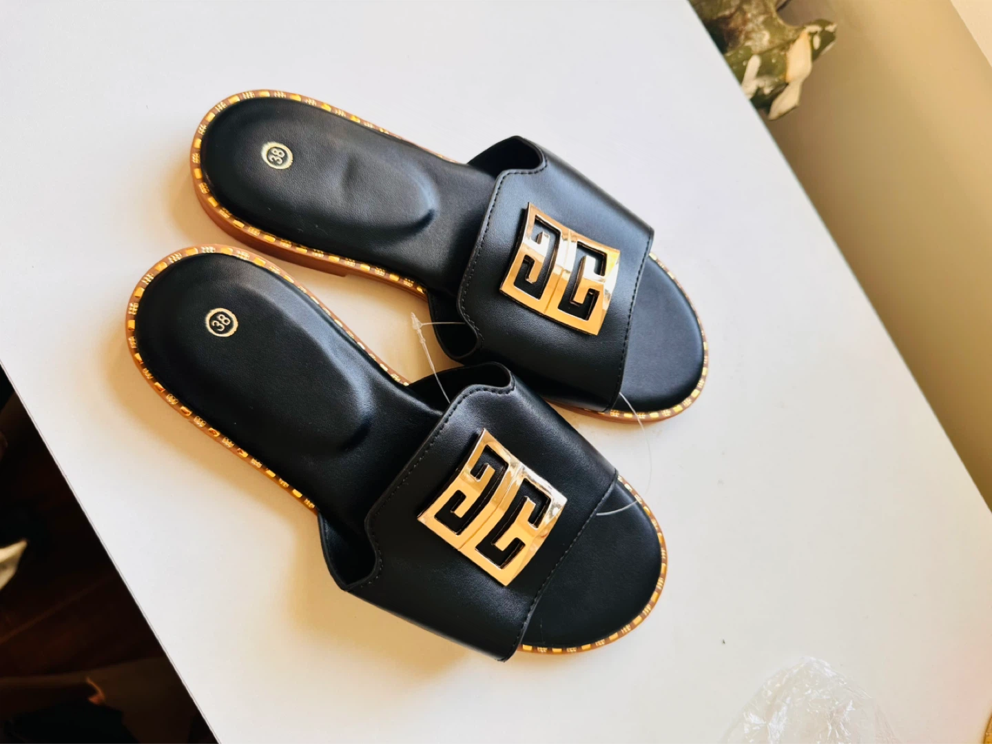 Black Slide Sandals with Gold Emblem - photo 3