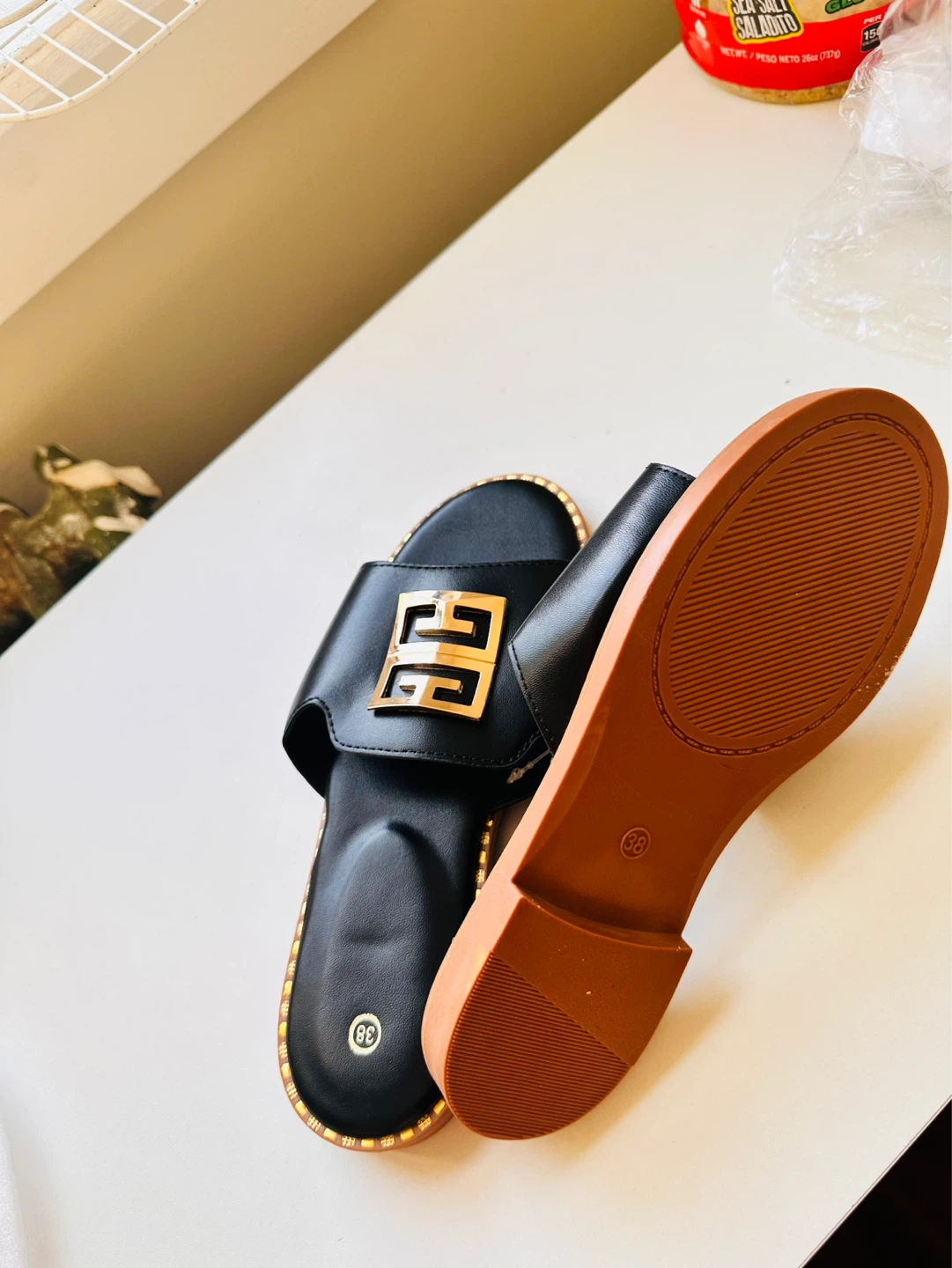 Black Slide Sandals with Gold Emblem - photo 2
