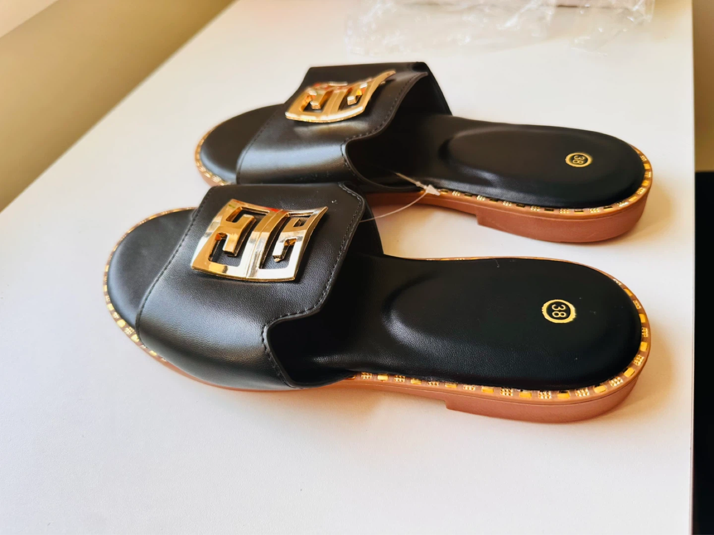 Black Slide Sandals with Gold Emblem