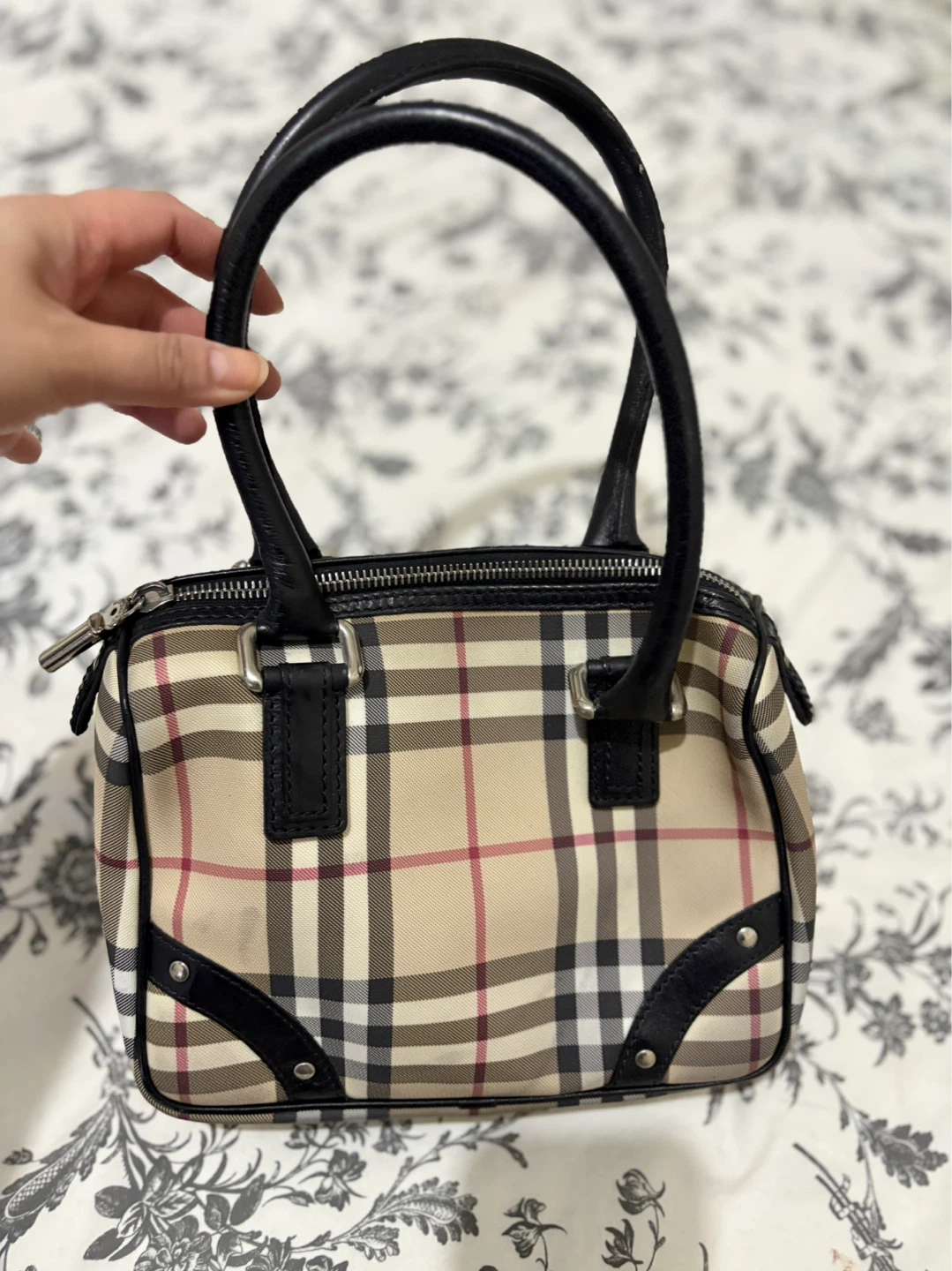 Burberry London Plaid Canvas Leather Trim Shoulder Bag