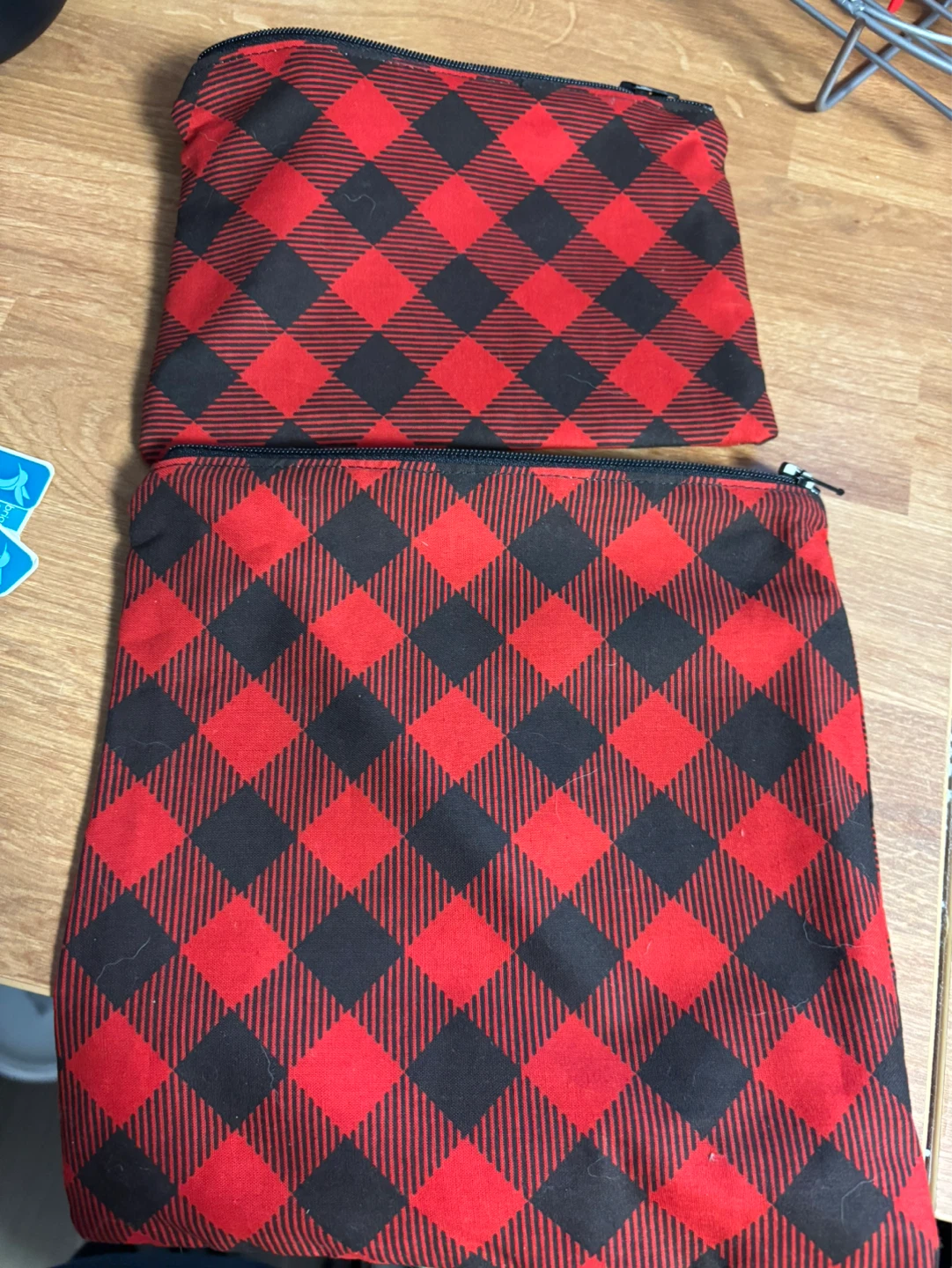 Red and Black Buffalo Plaid Zipper Pouches with Bird Lining