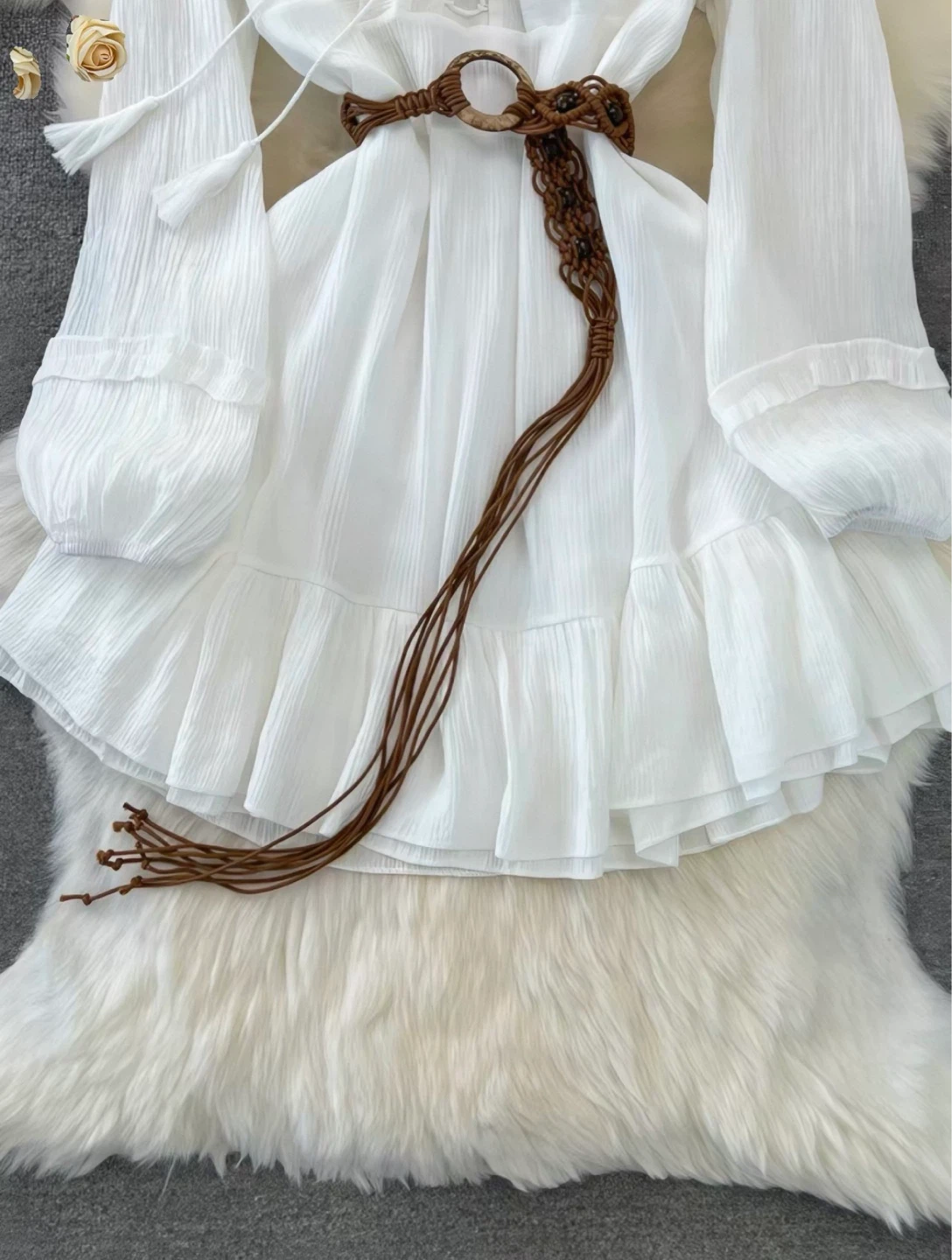 White Ruffled Long Sleeve Mini Dress with Belt - photo 3