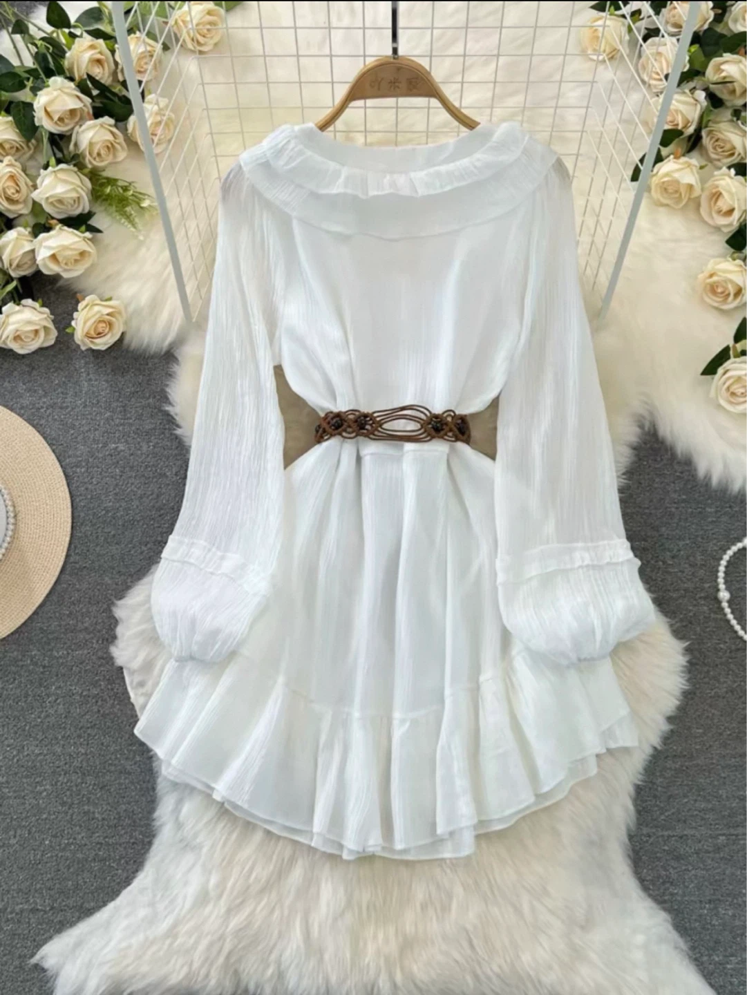 White Ruffled Long Sleeve Mini Dress with Belt - photo 4