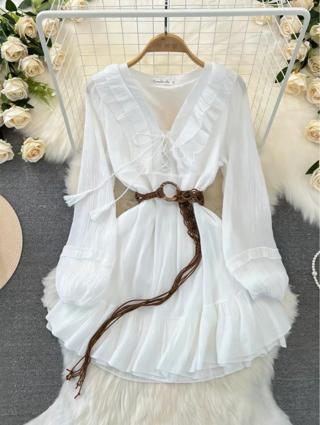 White Ruffled Long Sleeve Mini Dress with Belt