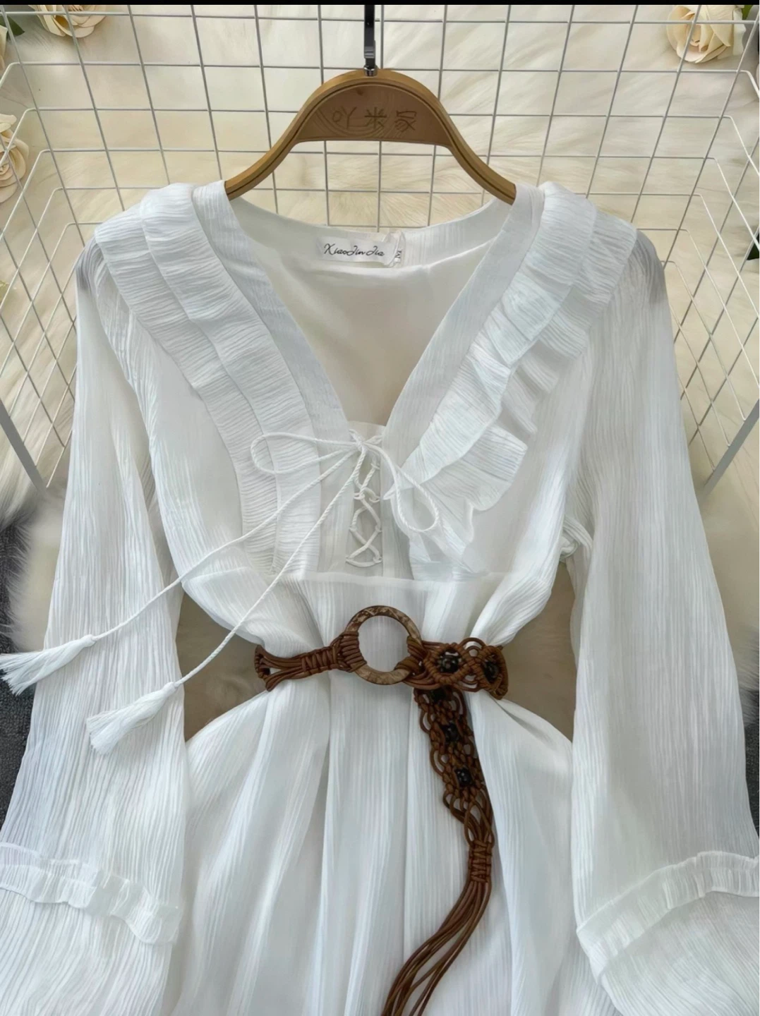 White Ruffled Long Sleeve Mini Dress with Belt - photo 2