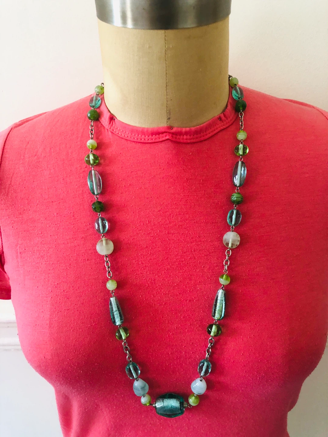 Necklace with Green and Blue Glass Beads