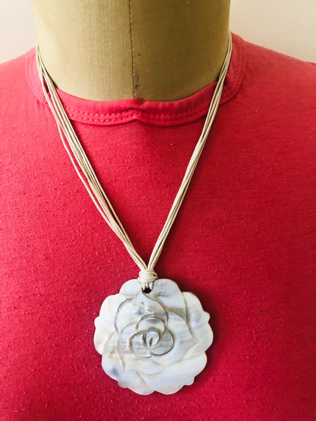 White Rose Carved Shell Pendant Necklace