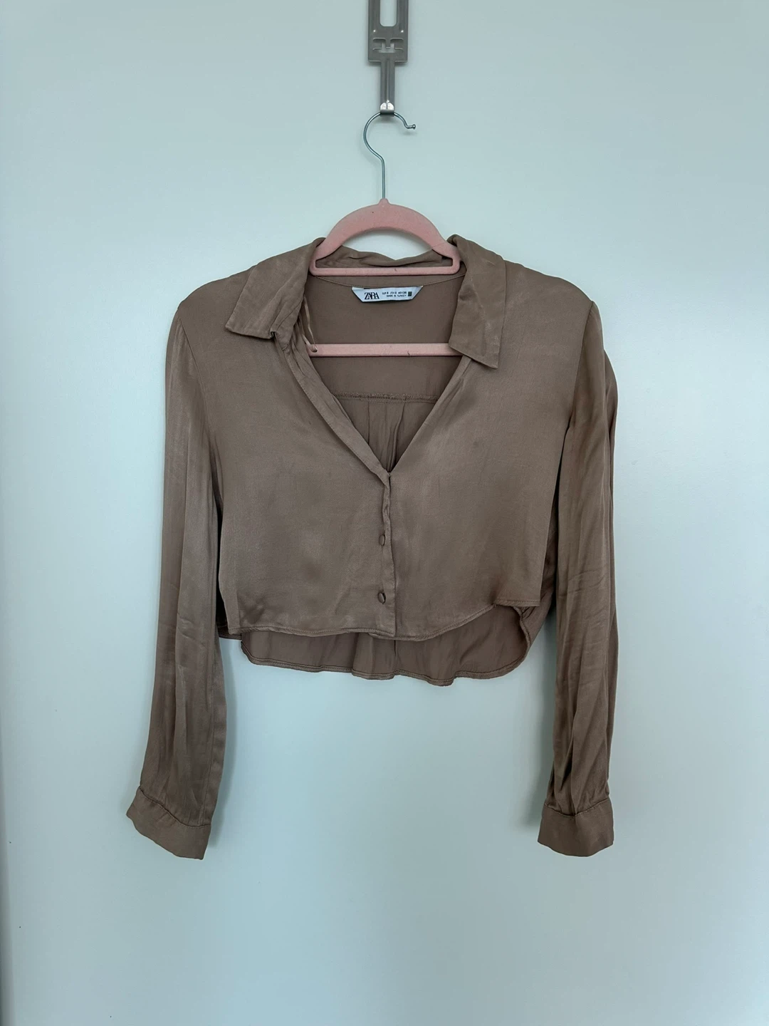 ZARA Brown Cropped Button-Up Shirt Size S