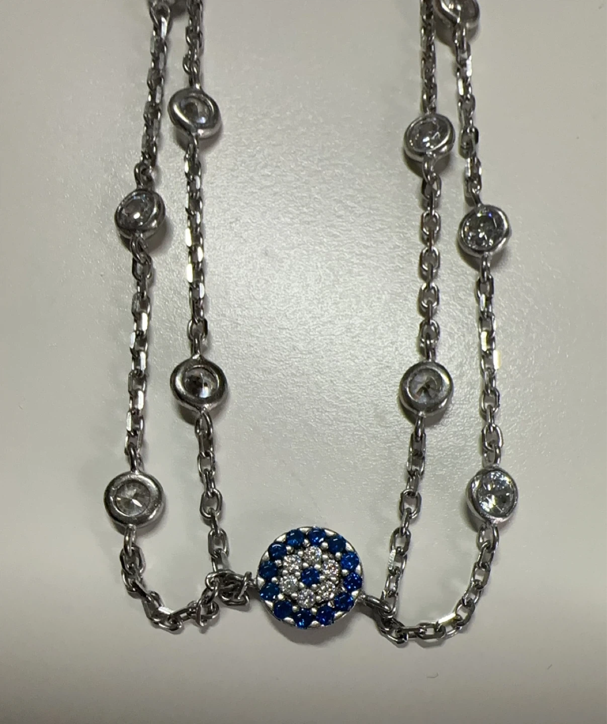 Sterling Silver Necklace with Blue Pavé Disc Pendant