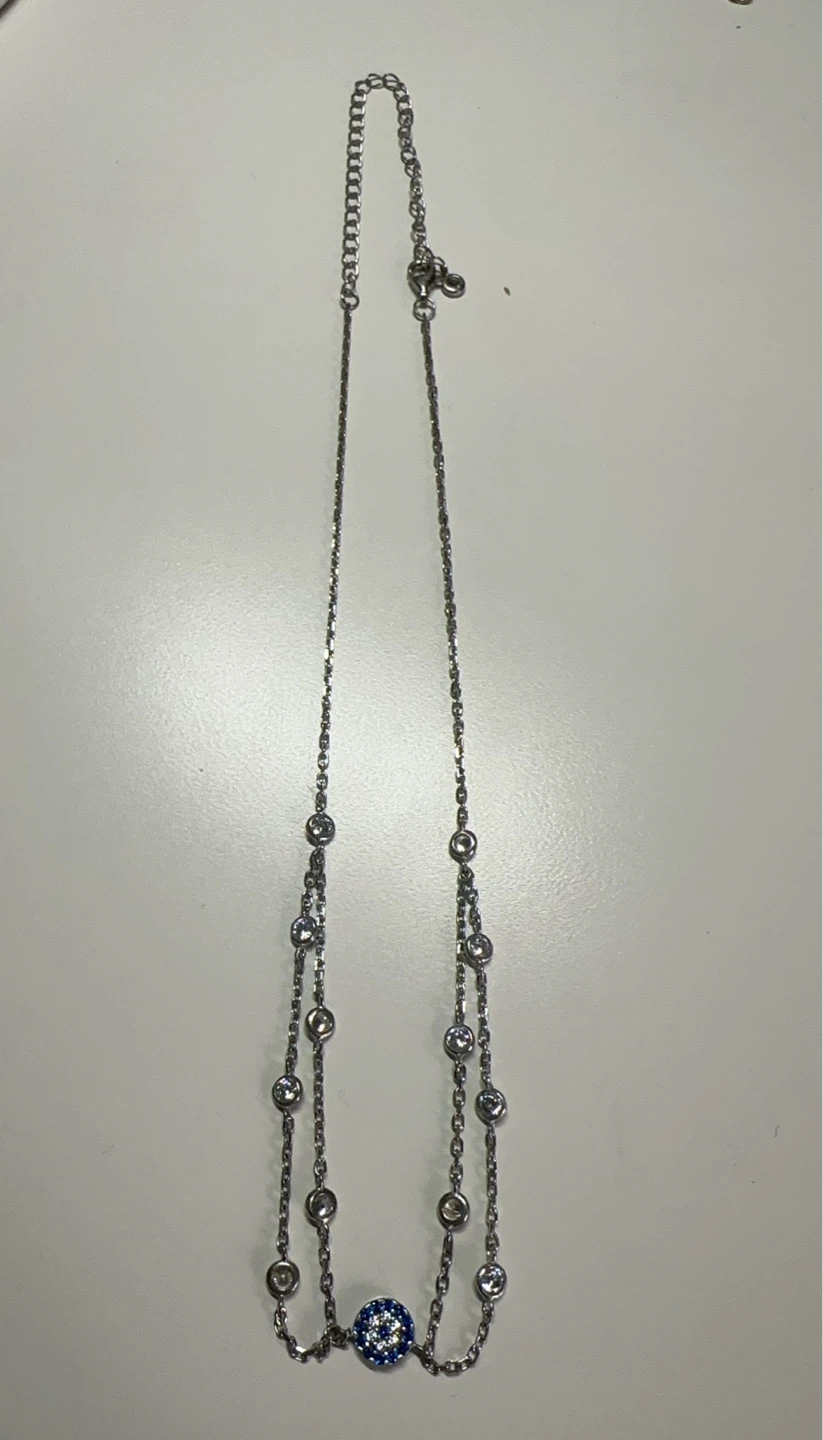 Sterling Silver Necklace with Blue Pavé Disc Pendant - photo 4