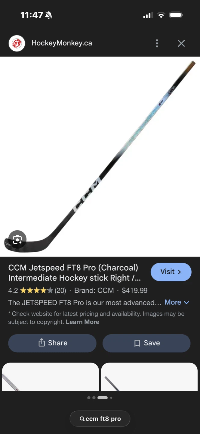 CCM Jetspeed FT8 Pro Intermediate Hockey Stick Right