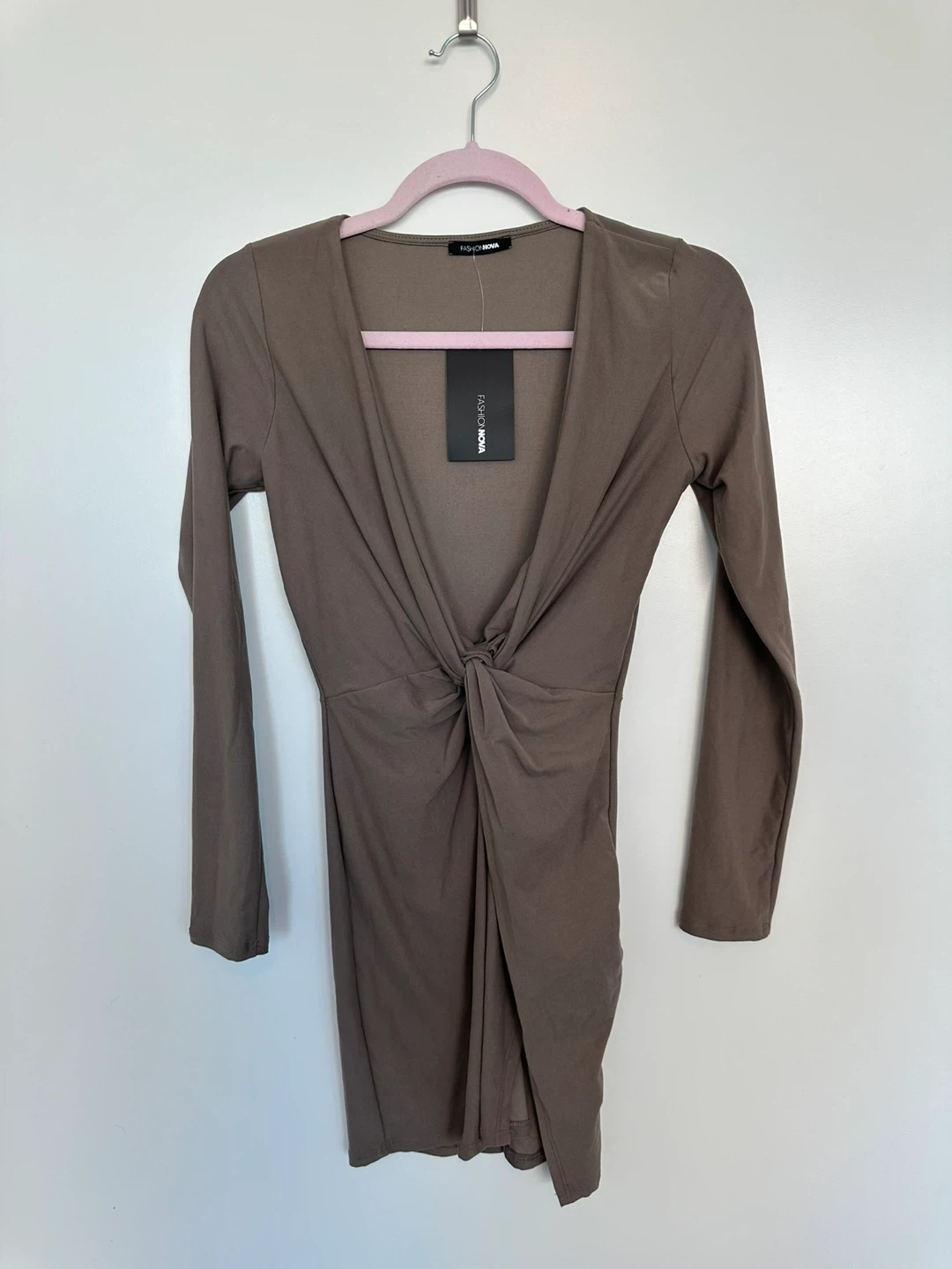 Fashion Nova Long Sleeve Twist Front Dress - Taupe - XS
