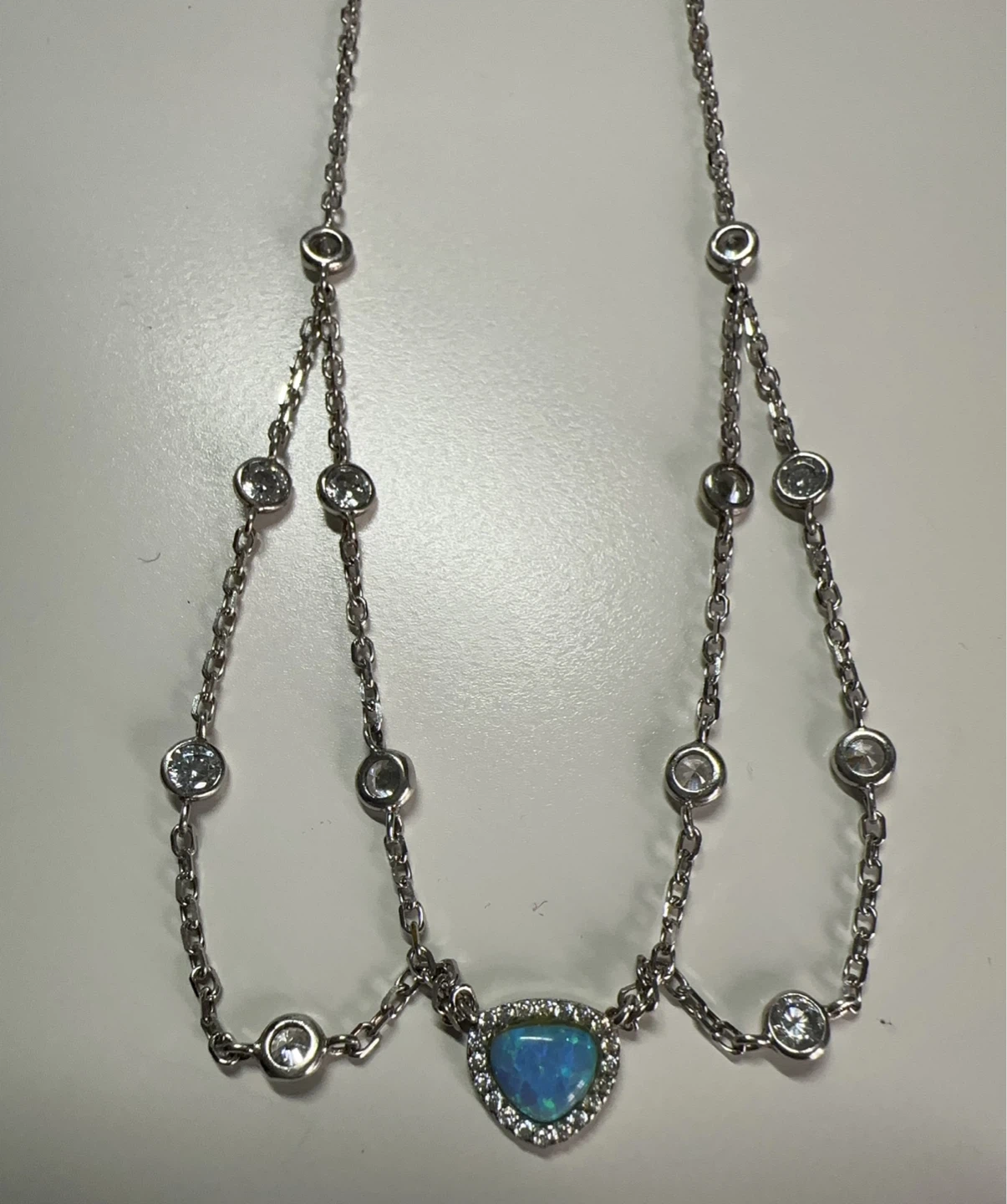 Sterling Silver necklace with blue heart opal and crystals