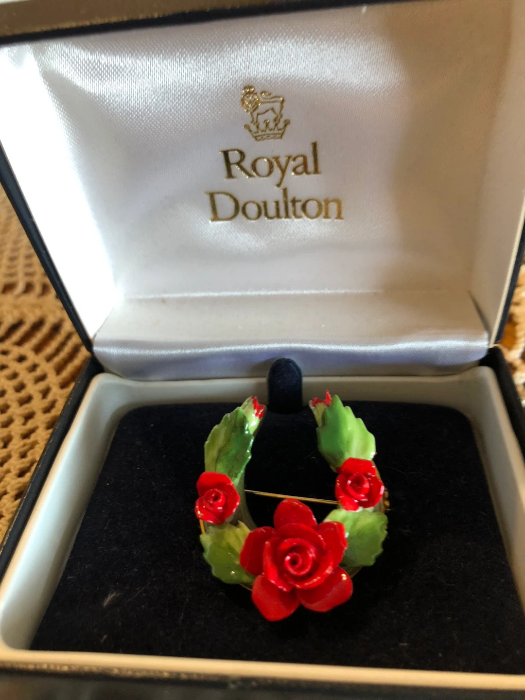 Royal Doulton Horseshoe Brooch with Red Roses