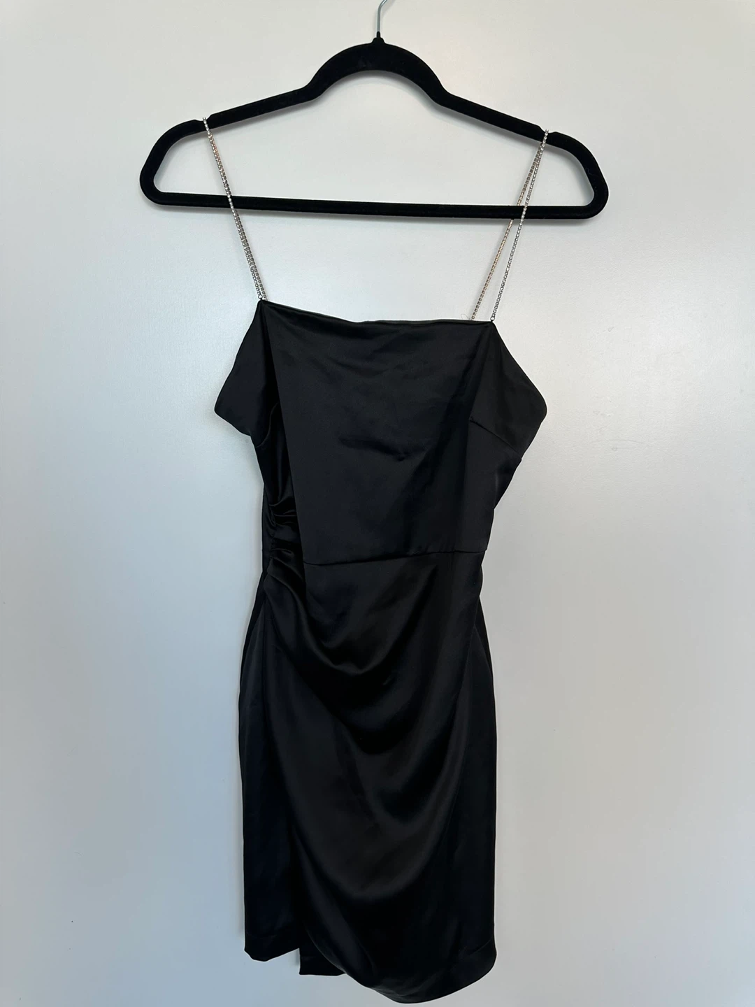 Zara Black Satin Ruched Dress with Chain Straps