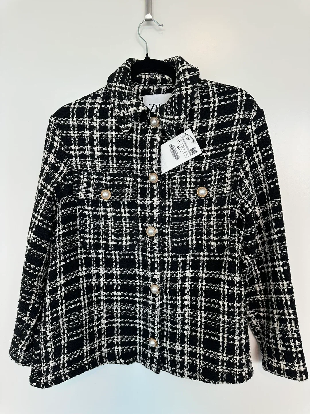 Zara Tweed Jacket Size S Black White Pearl Buttons