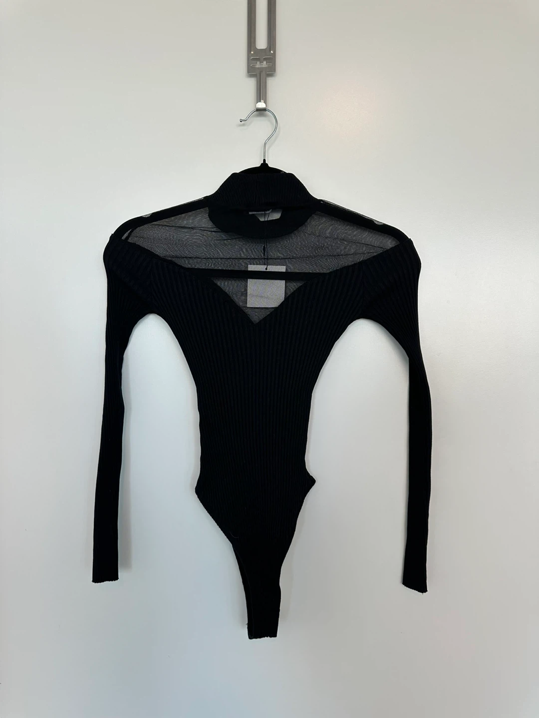 Zara Black Mesh Mock Neck Ribbed Bodysuit Size S