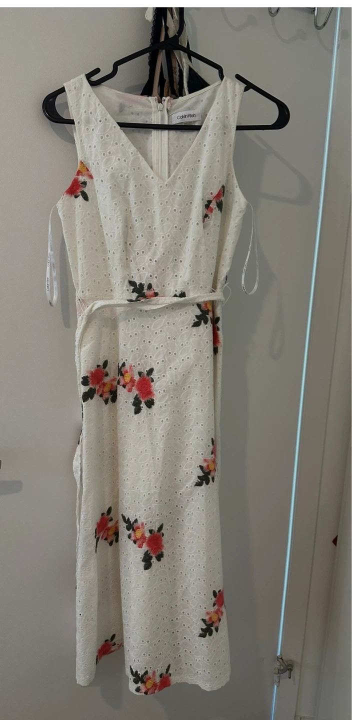 Calvin Klein White Floral Eyelet Midi Dress