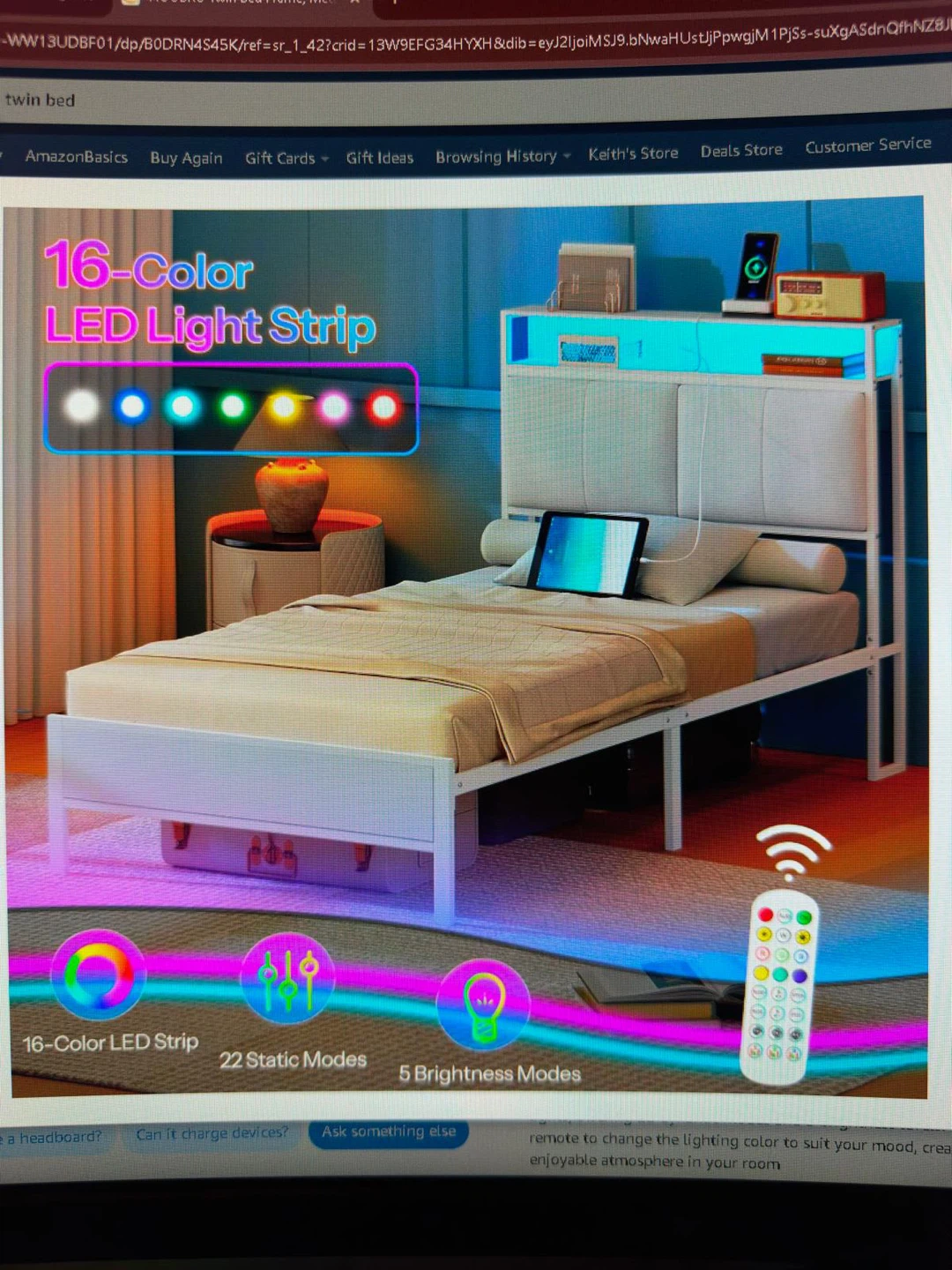 Twin Size Bed Frame with 16-Color LED Headboard