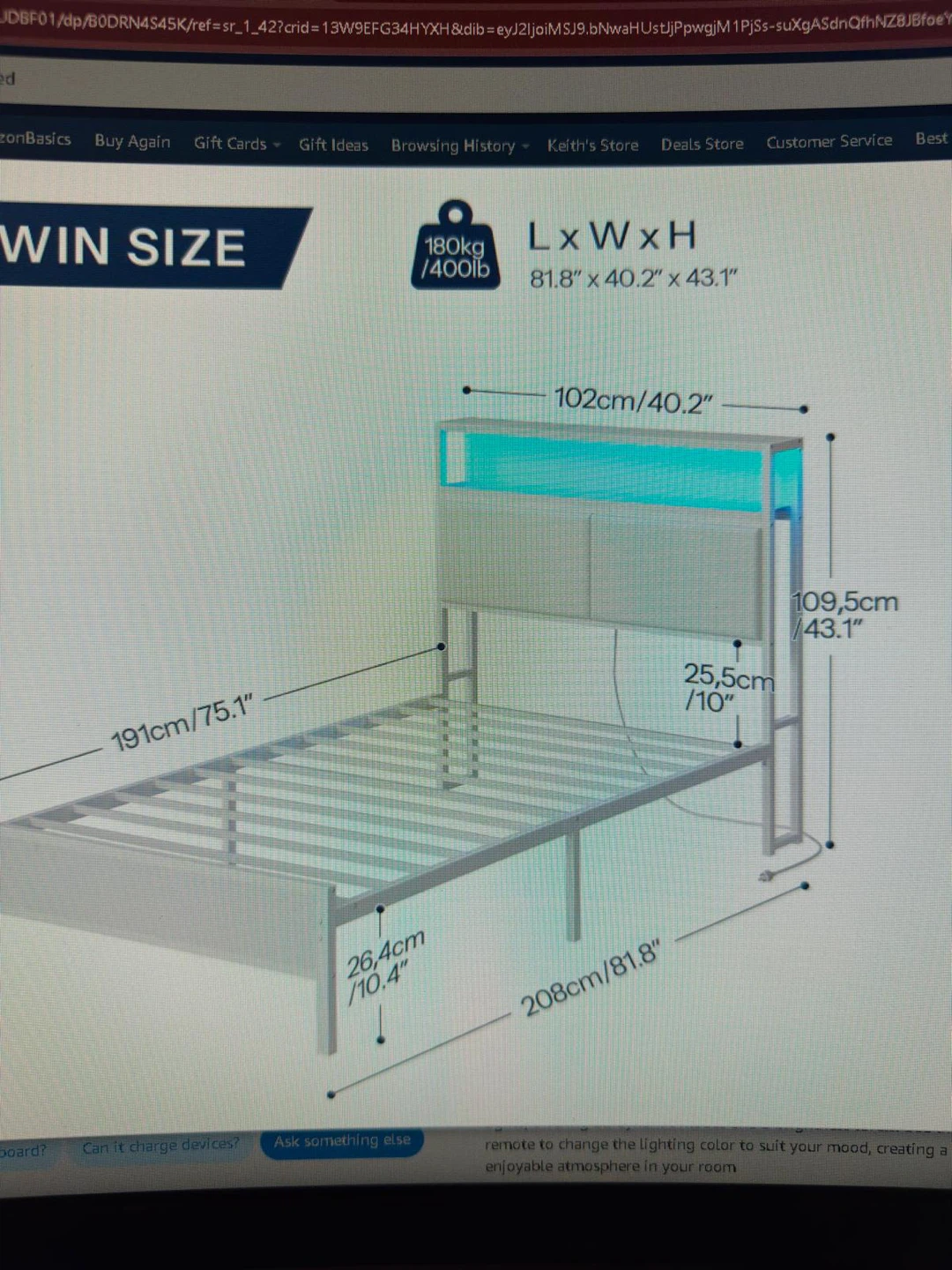 Twin Size Bed Frame with 16-Color LED Headboard - photo 3