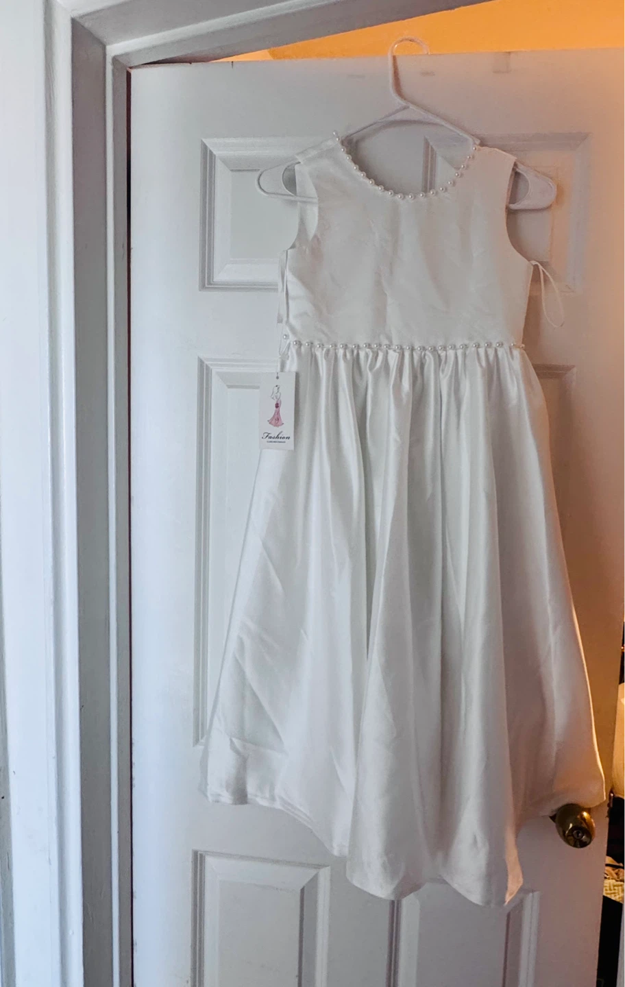 White Flower Girl Dress with Pearl Accents
