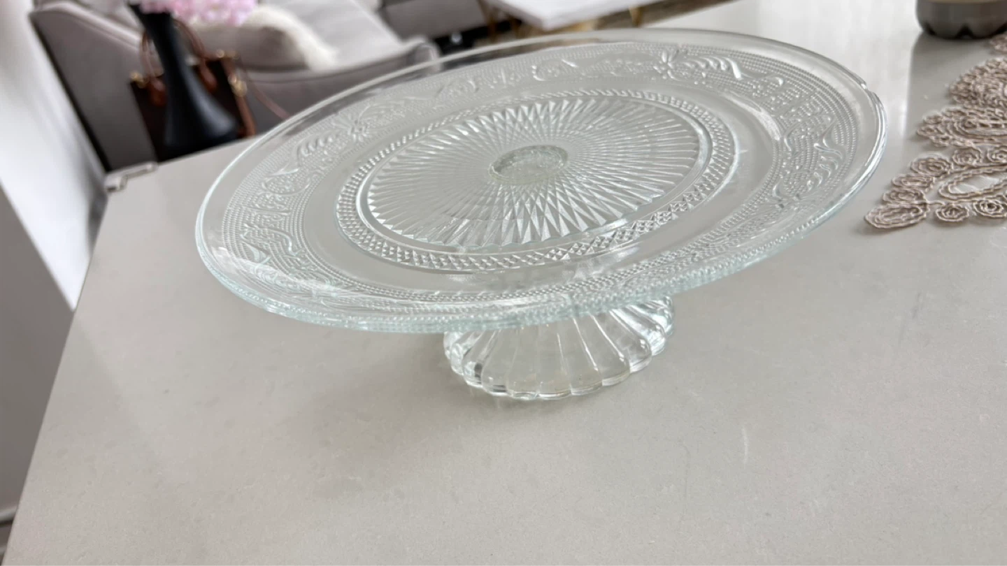 Clear Glass Footed Cake Stand with Embossed Design