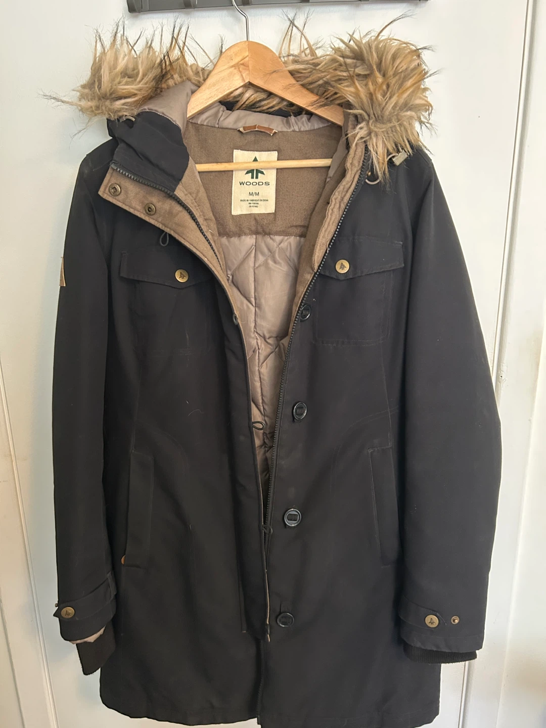 Black Winter Parka with Faux Fur Hood