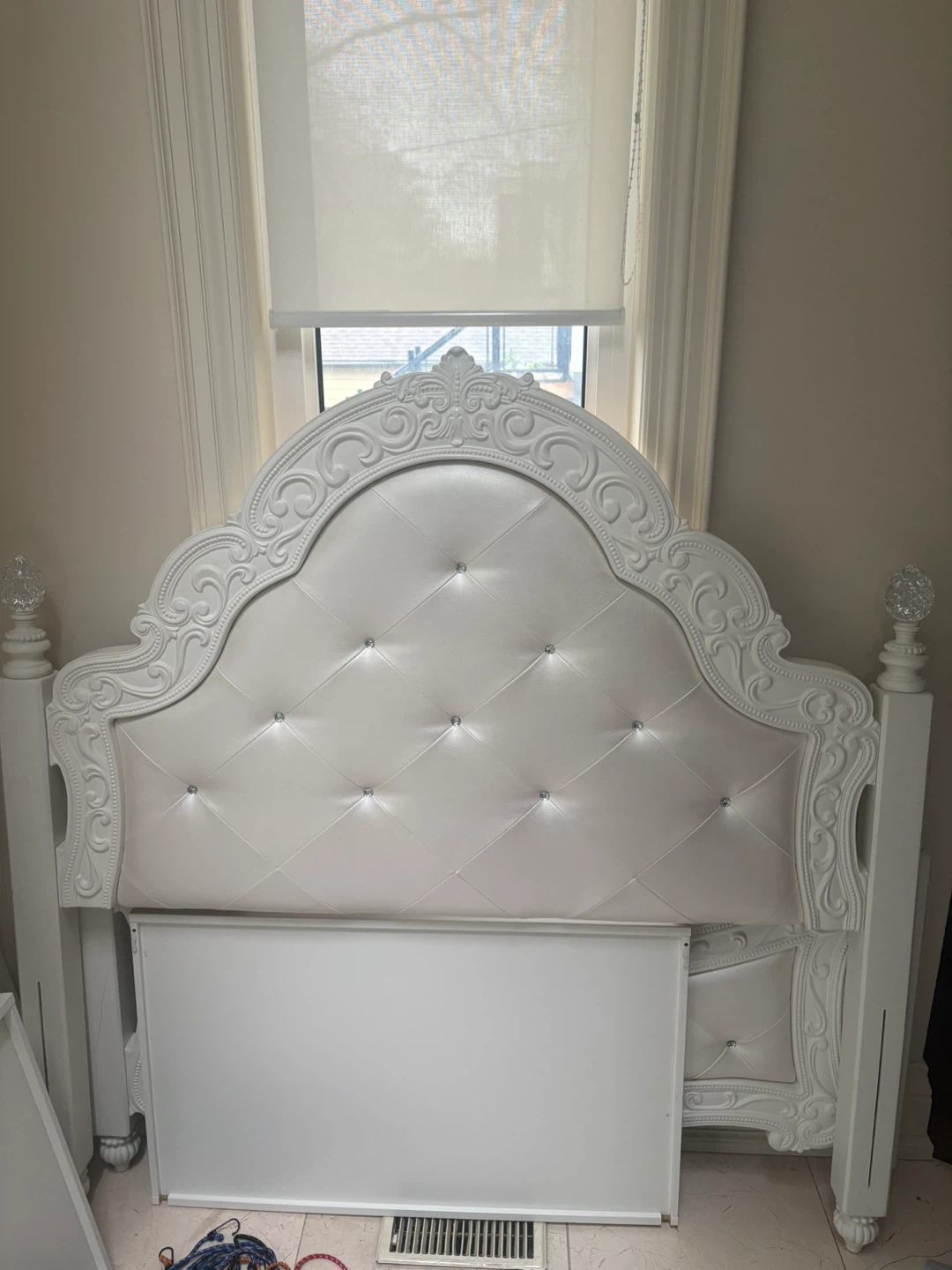 White Tufted Upholstered Bed Frame with mattress and night stand
