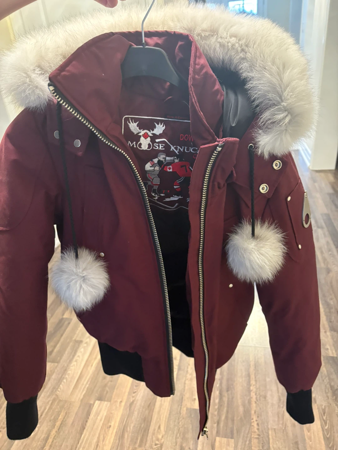 NEW Moose Knuckles Burgundy Bomber Jacket with Fur Trim - photo 3