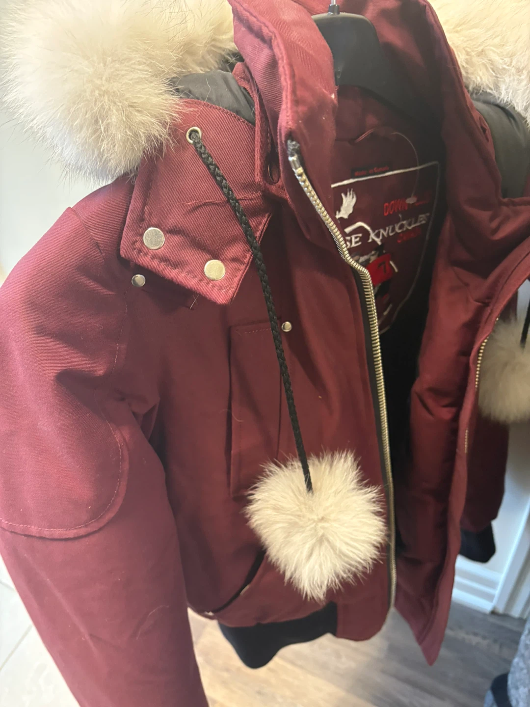NEW Moose Knuckles Burgundy Bomber Jacket with Fur Trim