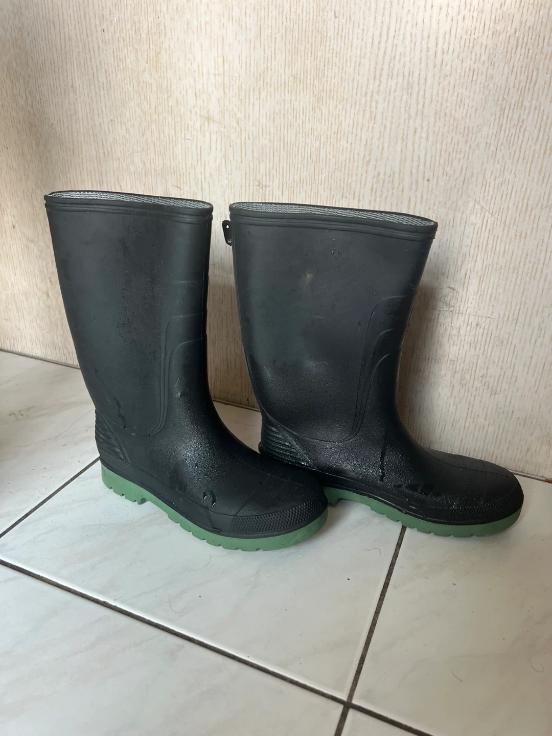 Black Rubber Rain Boots with Green Soles