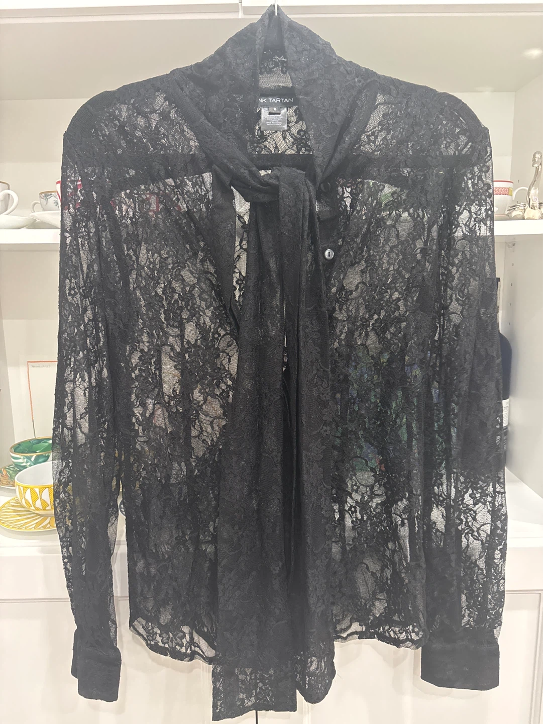 Pink Tartan Black Lace Bow Blouse Size 6
