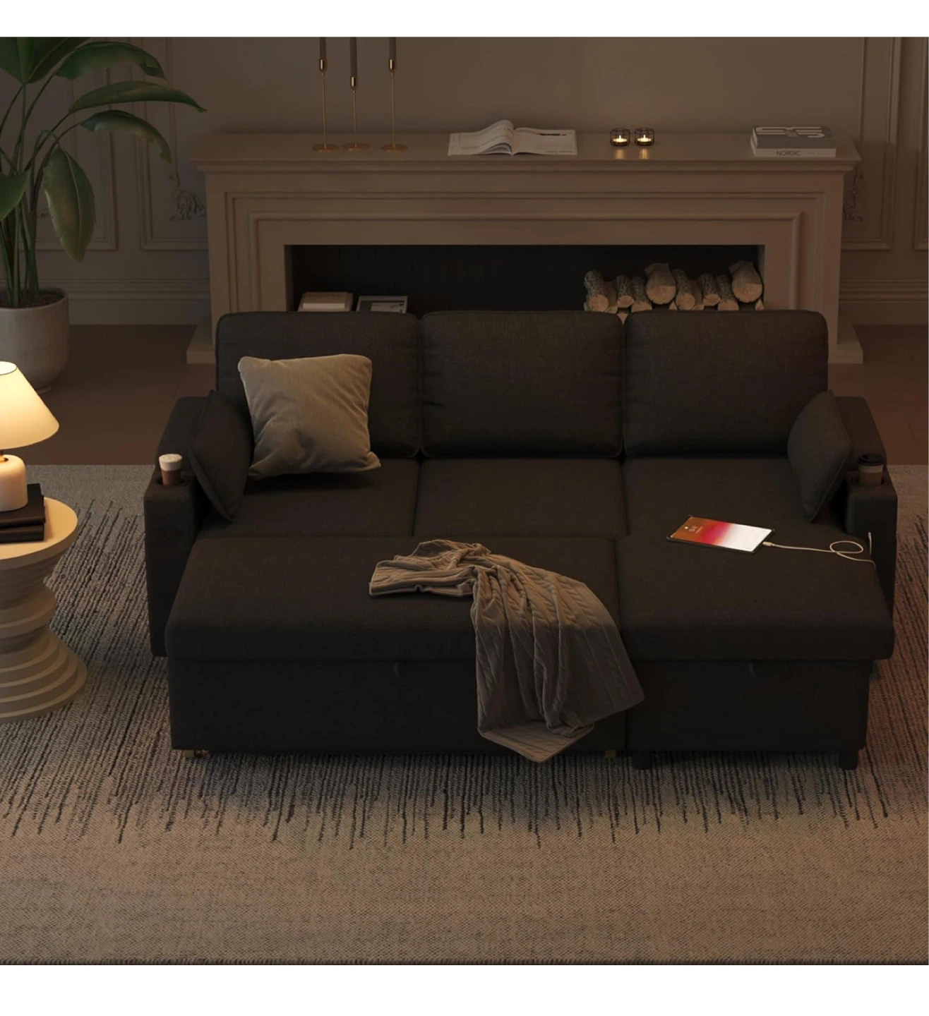 Dark Grey Sectional Sofa with USB Charging and Storage