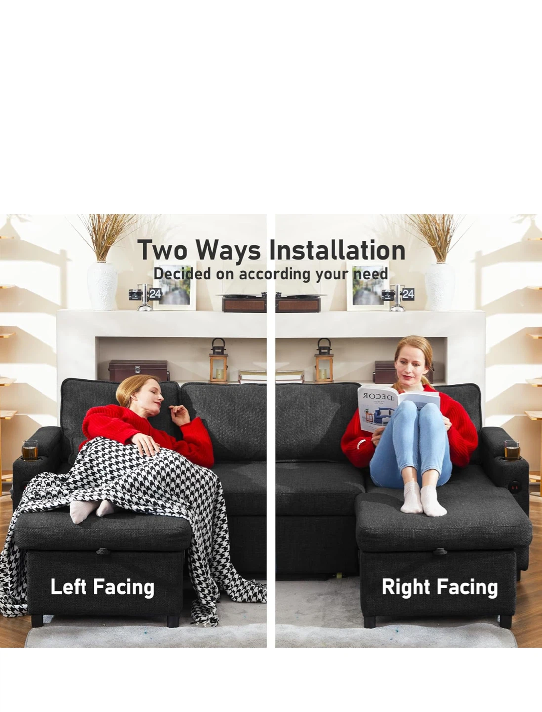 Dark Grey Sectional Sofa with USB Charging and Storage - photo 2