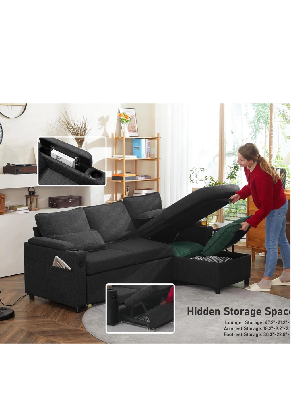 Dark Grey Sectional Sofa with USB Charging and Storage - photo 4