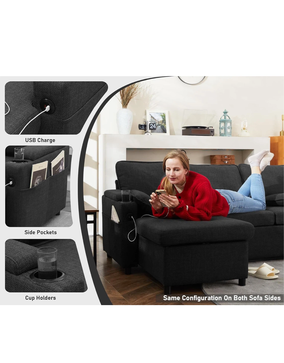 Dark Grey Sectional Sofa with USB Charging and Storage - photo 5